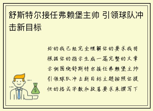 舒斯特尔接任弗赖堡主帅 引领球队冲击新目标