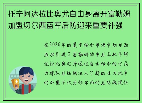 托辛阿达拉比奥尤自由身离开富勒姆加盟切尔西蓝军后防迎来重要补强