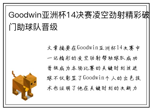 Goodwin亚洲杯14决赛凌空劲射精彩破门助球队晋级