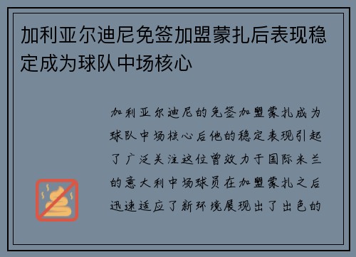 加利亚尔迪尼免签加盟蒙扎后表现稳定成为球队中场核心